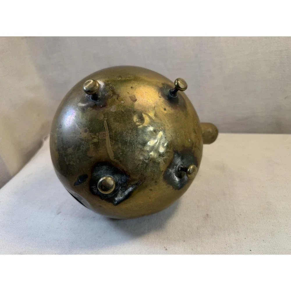 Antique‎ Brass Teapot with Amber Handle, Footed Round Kettle, Vintage